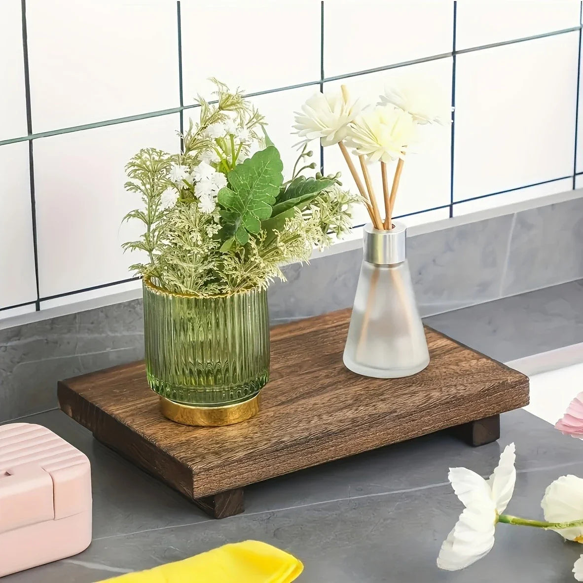 Elevated Wood Pedestal Tray